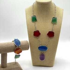 NEW Ross-Simons Multi-Color Polished Agate Sterling Silver Necklace Bracelet Set